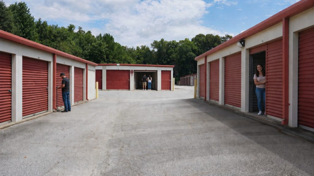 People accessing red roll-up storage units in an outdoor self-storage facility corridor